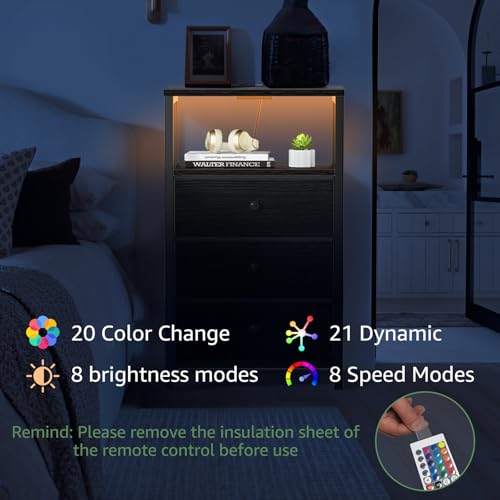 Image of BOLUO Black Night Stand with 3 Fabric Drawers, Nightstand with Charging Station LED Nightstand for Bedroom, Bedside Table with USB Ports and Outlets Modern