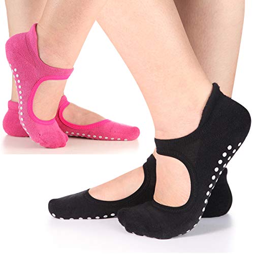 Women's Yoga Socks Non Slip for Pilates Pure Barre Ballet Socks With Grips(Rose&black)