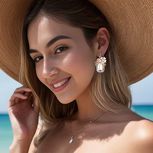 BriLove Fashion Elegant Rhinestone Enamel Rose Flower Emerald Cut Hook Dangle Earrigns for Women Party Prom Accessories2