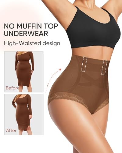 Image of Women's Underwear 4 Pack High Waisted Tummy Control Ladies Panties with Lace Comfortable Briefs Full Coverage