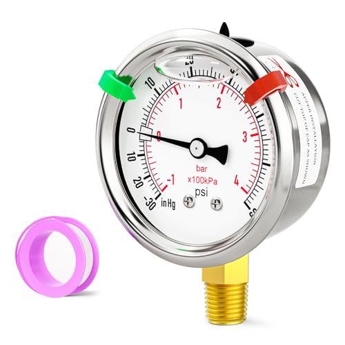 Image of -30inHG-60psi Stainless Steel Glycerin Liquid Filled Vacuum Pressure Gauge 1 /4 inch NPT 2.5 inch Face Dial Center Lower Mount, for Water, Oil and Air Pressure Testing (with Range Mark Pointer)