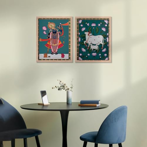 Image of kotart Traditional Indian Wall Art Painting Set of 2 | Kamdhenu Cow Design | MDF Wooden Framed Spiritual Wall Decor for Living Room, Pooja Room & Home (Art 8, 20x30 Inch)