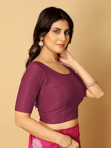 Image of Amazon Brand - Anarva Round Neck Dobby Cotton Lycra Stretchable Elbow Half Sleeve Readymade Saree Blouse for Women Stylish