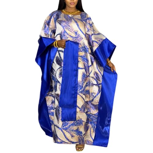 HD Fashion African Jacquard Kaftan Dress for Woman Blue Fancy Party Gown With Headwrap