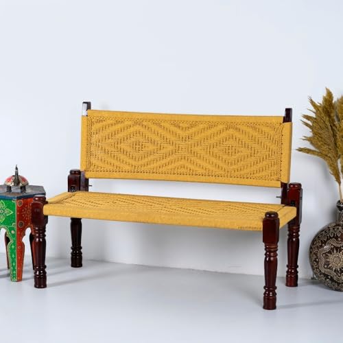 Image of Srima Wooden Bench for Living Room | Handcrafted Sheesham Wood Backrest Bench for Balcony & Garden | Traditional Rajasthani Patio for Outdoor with Cotton Handwoven Rope | Yellow