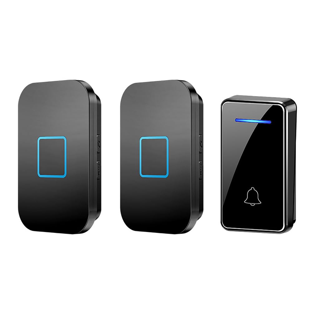 Timbre Inalámbrico Exterior Impermeable IP55,Timbre para Puerta Largo Alcance de 150m,Timbre Autoalimentado Indicador LED,1 Transmisor y 2 Receptores,5 Volumen Ajustable,60 Melodías,Negro