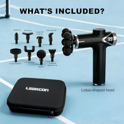 Image of LEERCON Massage Gun Deep Tissue Back Massager for Pain Relief with 9 Heads | Electric Muscle Massage Gun with 9 Heads and 6 Speeds Percussion Massager for Athletes Gifts for Women Men Father's Day Black