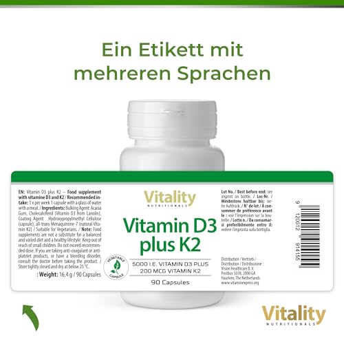 Vitamin D3 K2 Hochdosiert Vitamin D 5000 IE & K2 200 mcg Premium All Trans MK7. 90 Mini-Kapseln Hochdosiert. hohe Bioverfügbarkeit, frei von Zusatzstoffen. Vitality Nutritionals by VitaminExpress