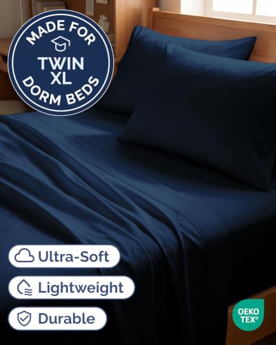 Image of Twin XL 4 Piece Sheet Set - College Dorm Room Essentials - Dark Blue