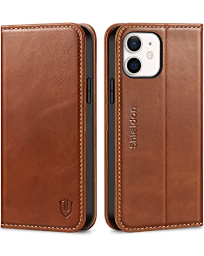 SHIELDON Wallet Case for iPhone 12 5G, Genuine Leather Folio Case Magnetic Shock Absorbing Cover RFID Blocking Credit Card Holder Kickstand Compatible with iPhone 12/12 Pro 6.1' - Retro Brown