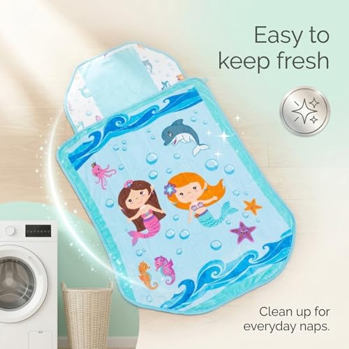 Image of EVERYDAY KIDS Cute Preschooler and Toddler Cot Nap Mat for Home, Daycare, Preschool and Kindergarten; Easy to Roll Sleeping Mat with Elastic Straps, Pillow and Blanket