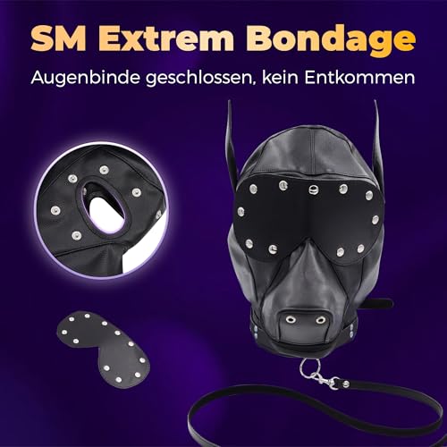 QgLust PU Leder Kopfbedeckung Hund Kopfbedeckung Paar Bondage Maske Maske Sexspielzeug Tiefe Spieler Abnehmbares Spielzeug SM Fetisch Slave Fesseln für Männer Frauen Paar Sex