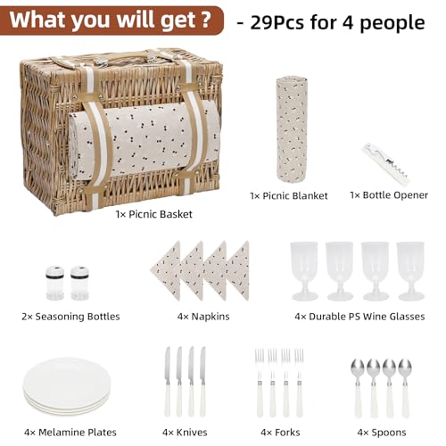 G GOOD GAIN Willow Picnic Basket Set for 4 Persons with Large Insulated Cooler Bag and Waterproof Picnic Blanket,Wicker Picnic Hamper for Camping,Outdoor,Valentine Day,Chirtmas,Thanks Giving,Birthday.