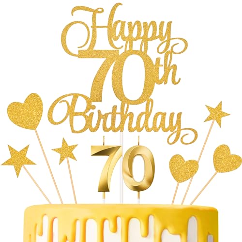 Lecferrarc 70th Birthday Cake Decorations 70th Birthday Candles Cake Numeral Candles and Glitter Happy 70th Birthday Cake Toppers Set for Birthday Party Supplies (Gold)
