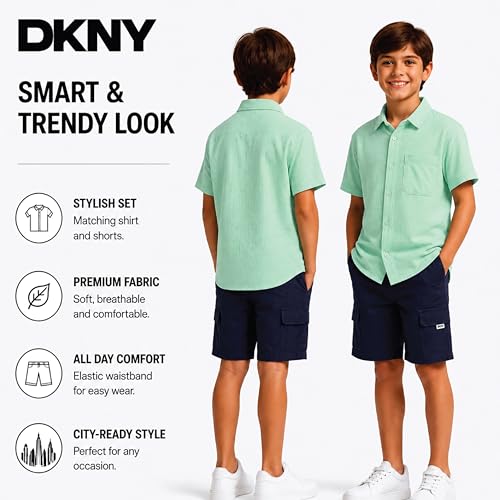 Image of DKNY Boys Shorts Set - 2 Piece Short Sleeve Collared Button Down Shirt and Matching Shorts for Boys (Sizes: 8-12)