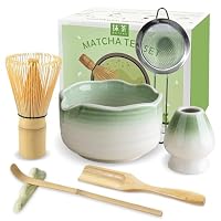 JBER Matcha Besen Set, Matcha Set 7-Teiliges - Matcha Besen und Besenhalter, Matcha Schale mit Auslauf, Sieb, Löffel und Halter, Japanisches Matcha Tee Set für Matcha-Liebhaber, Hellgrüner Farbverlauf