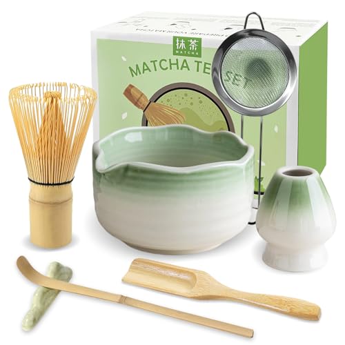 JBER Zestaw do matcha 7-Częściowy - Miotła Bambusowa do matchy, Ceramiczna miseczka z nalewką, Sitko do matchy - Kompletny zestaw do herbaty matcha, Jasnozielony Gradient