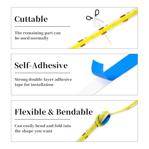 USB COB LED Strip Light, Cold White 6000K, 2M/6.6ft 640LEDs Cuttable LED Strips, CRI 93+High Bright, 5V Flexible Dimmable Tape Lights for TV Backlight Mirror Wardrobe Wedding Bedroom Shop Home Decor