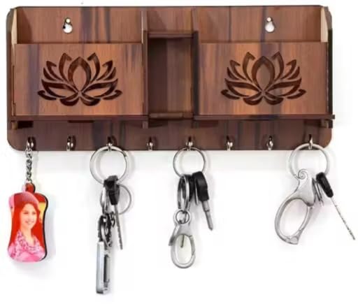 Image of Vintage Collection Wooden Key Holder for Wall, Wall Mounted Key Stand with Hooks, Hanging Rack for Living Room, Office and Door (Flower Keyholder)