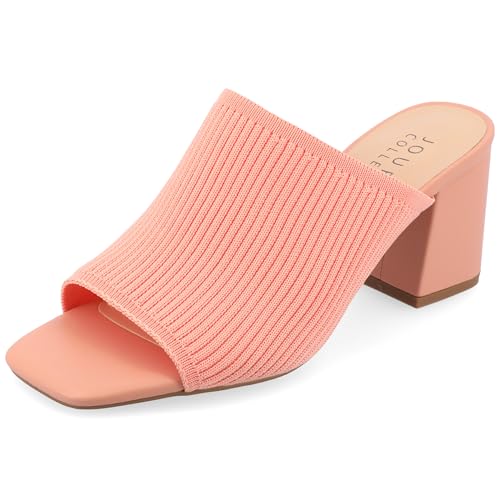 Journee Square Open Toe Chunky Block Heel Knit Slip-On Pump for Women - Lorenna Heeled Fashion Mule Coral, 10