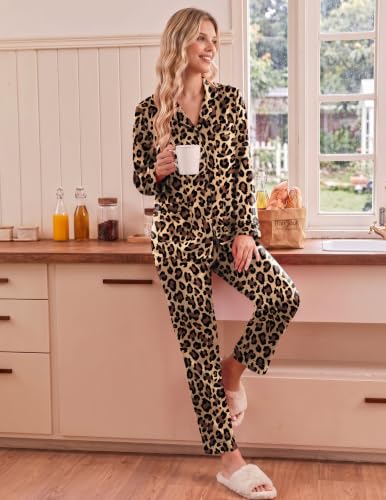 Ekouaer Silk Pajamas for Women Sets Long Sleeve Button Down Pjs Leopard - image 4