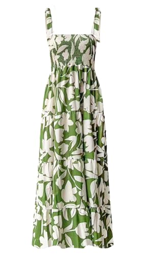 Image of kinstell Women's Summer Boho Spaghetti Strap Square Neck Ruffle Casual Flowy Long Dress Beach Swing Party Maxi Dress