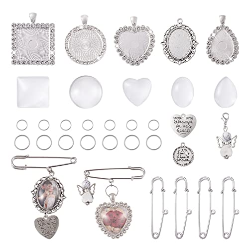 Fashewelry DIY Rhinestone Photo Charm Pin Brooch Making Kit Safety Pins with 1 Hole Memorial Picture Charm with Clear Glass Cabochons Dangle Charms Jump Ring for Wedding Bouquet