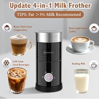 Huogary Electric Milk Frother, 4 in 1 Stainless Steel Milk Steamer, Milk Frother and Steamer for Coffee Milk Warmer for Latte, Cappuccinos, Macchiato (Black 4-in-1)