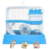 PINVNBY 2-Tier Dwarf Hamster Cage, Travel Portable Mouse Cage Gerbil Cages and Habitats Small Animal Carrier with Castle House Exercise Wheels, Water Bottle and Food Dish(Blue)
