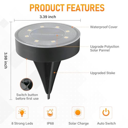 Siatom Solar Ground Lights 8 Pack, IP68 Waterproof Solar In-Ground Light for Outdoor, Flat Landscape Lighting, Garden Disc Light for Pathway, Walkway, and Yard - 8 Pcs (Warm White) - Image 5