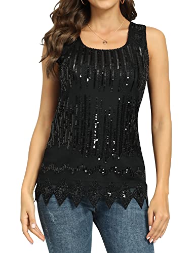 PrettyGuide Women's Party Shirt Sequin Embellished Sparkle Sleeveless Vest Top M Black