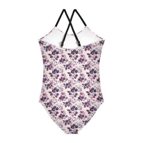 senya Girls Swimsuits One-Piece Swimwear Tie Bathing Suit Beach Summer Round Neck 9-10T Red and Purple Mulberries Pattern2