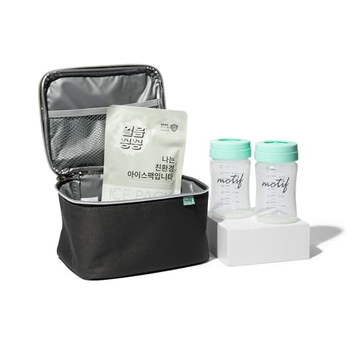 Image of Motif Medical Luna Breast Milk Storage Cooler Set - Insulated Bag w/ 2 Containers & Ice Pack - Breast Milk Travel Bag for On-The-Go Moms - Perfect for Work, Travel & Vacation (Black)