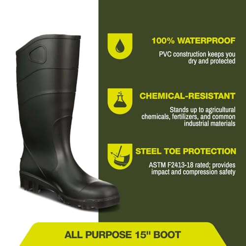 Heartland All Purpose 15” Waterproof Work Boots for Men and Women - Lightweight, Flexible Modern PVC Boots with Easy On/Off, Slip-Resistant Outsoles3