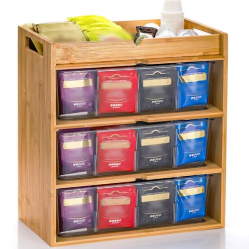 Tlence 3 Tier Bamboo Tea Bag Storage Organizer, 14" x 11" x 6.5" Vertical Tea Packet Rack with Drawer, Store Over 180 Tea Bags Wood Tea Station with Acrylic Partition for Countertop Office Kitchen