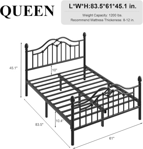 Image of LoVinson Queen Size Bed Frame with Victorian Headboard & Footboard, Black