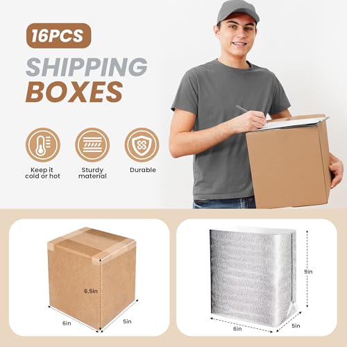 Image of 16 Pack Insulated Shipping Boxes with Aluminum Foil Liner,Thermal Insulation Cold Pack Shipping Boxes for Frozen, Reusable Styrofoam Cooler Box, Small Mailing Box, 6''x5''x9''