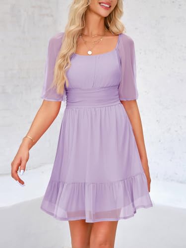 Image of Wenrine Womens Puff Short Sleeve Mini Dress Mesh Square Neck High Waist Ruffle Hem Flowy Party A Line Dress
