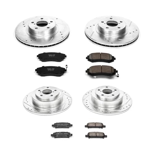 Image of PowerStop Front and Rear Brake Kit for Subaru Legacy 2002-04 - Drilled and Slotted Disc Rotors with Carbon-Fiber Ceramic Brake Pads Replacement, K2750