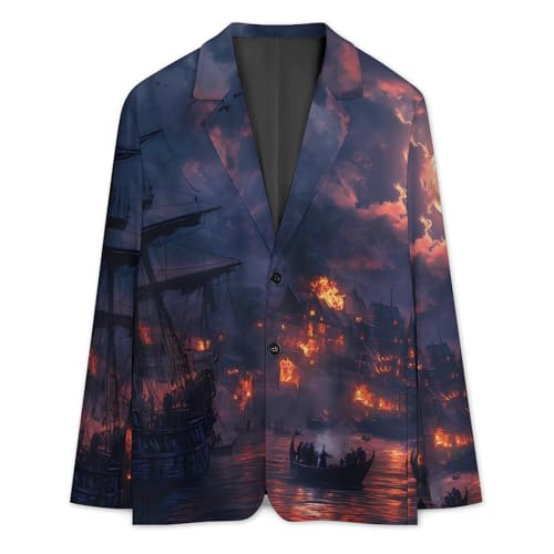 Sailing Ship Moon Burning Village Classic Suits Blazer for Men Business Tuxedo Jacket Sport Coat Two Buttons3