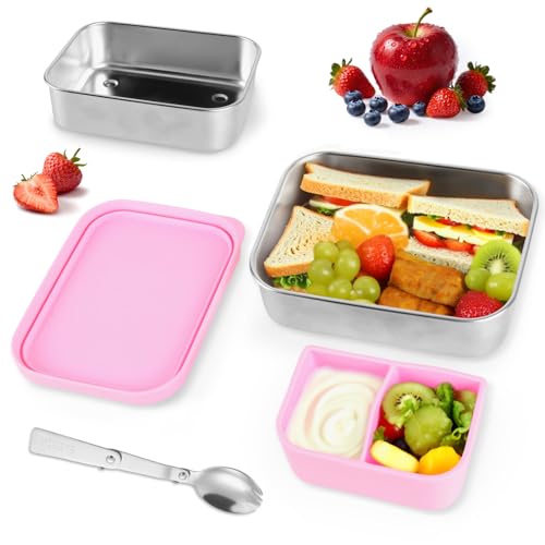 TOYTOPIE Boîte Repas en Acier Inoxydable, 700ml Bento Box avec Compartiments et Cuillère Pliable, Sans Bpa, Lunch Box Étanche avec Couvercle Silicone,...