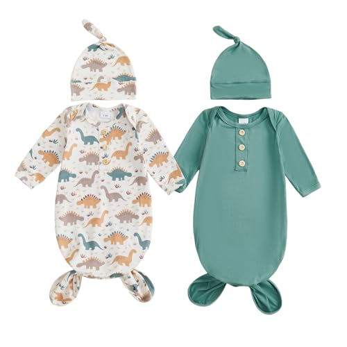 Image of woshilaocai 2 Pack Baby Boy Girl Gown Sleeper Newborn Knotted Nightgown and Hat Set Infant Sleepwear