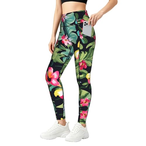 Leggings con estampado de flores hawaianas elásticos y transpirables para mujer