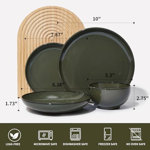 Image of Pokini 16 Piece Double Bowl Dinnerware Sets with Pasta Bowls, Highly Chip and Crack Resistant Plates and Bowls Sets, Natural Earthyware Ceramic Dishware Sets, Service for 4 Blackish Green