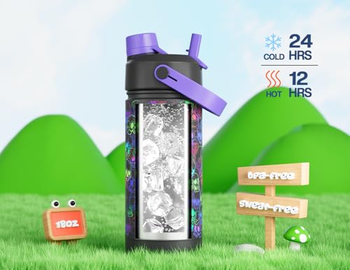 18 oz Insulated Water Bottle for Kids: Glow-in-the-Dark, 2-in-1 Straw Spout Lid, Leakproof, BPA-Free, Keep Cold 24H, Stainless Steel Cup with Carrier Bag for Party, Holiday, Gift (Luminous Souls) - Image 6