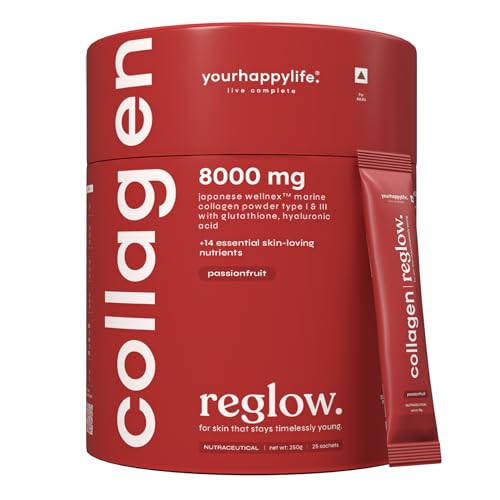 YourHappyLife Reglow 8000mg Wellnex Marine Collagen Peptide Supplements Powder For Women & Men - Type 1 & 3 For Healthy Skin, Hair & Nails | Premium Collagens with Glutathione, NAC, Biotin, Hyaluronic Acid -250 gm (Passionfruit Flavour)