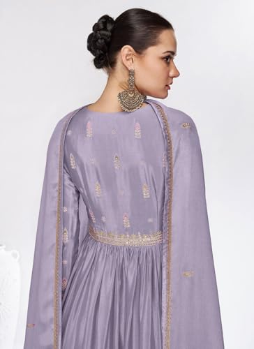 Image of Miss Ethnik Women's Purple Chinon Stitched Top with Dupatta Full Sleeve Embroidered Anarkali Gown (ME-1179)