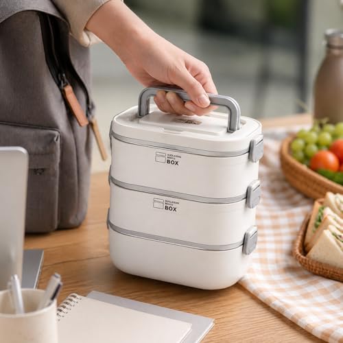 Image of YELONA Stainless Steel Double-Layer Bento Box for Office & School - Leak-Proof Insulated Lunch Container with Hot Water Heating Feature - 2400ML, Cream