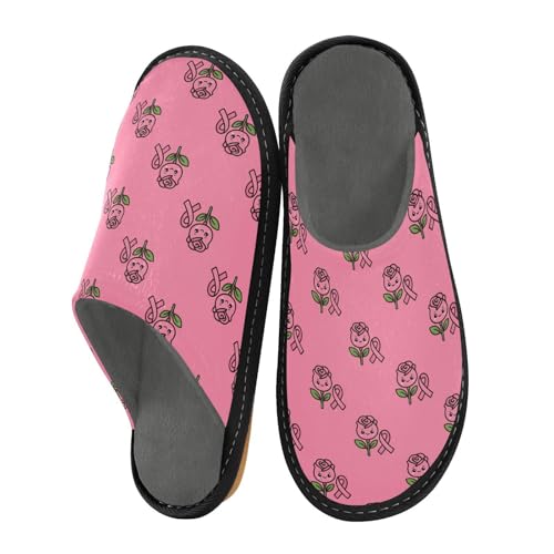 JUNZAN Pink Ribbons Floral Memory Foam Slippers for Women Men House Slippers for Bedroom Indoor