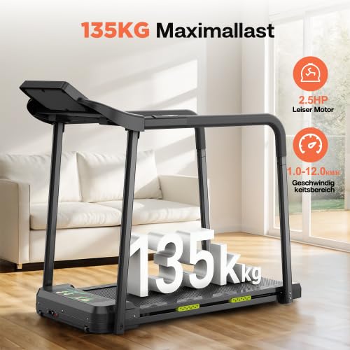 Walking Pad Laufband für Senioren mit Langen Handläufen, klappbar, 135 kg Belastbarkeit, großes LED-Display, extra breite Lauffläche, APP, Fitnessgerät für Zuhause